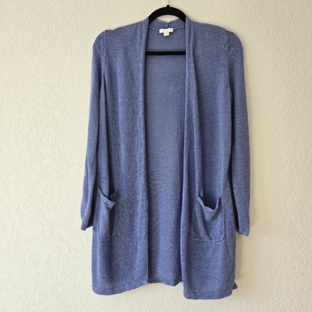 JJill Blue Linen Open Front Cardigan Sweater‎ S Long Line slouchy pockets knit